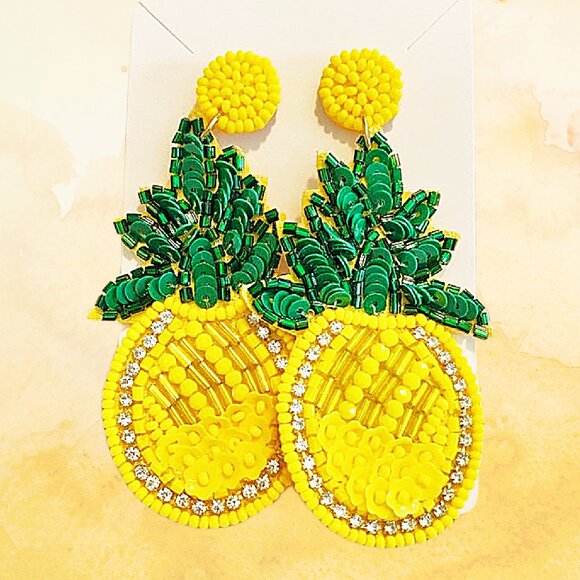Rhinestone Sequin Seed Beaded Tropical Resort Summer Fruit Statement Earrings - Picture 1 of 3